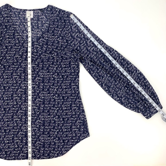Cabi Te Amo Blouse # 5336, 'Love' Printed Long Sleeve V-neck Navy Blouse, Medium - Picture 15 of 16